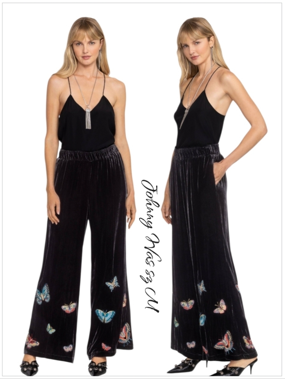 Johnny Was-Dark Brown Velvet Wide-Leg Pants with Multicolor Butterfly Embroidery